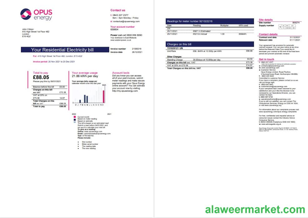 United Kingdom Opus Energy electricity utility bill template in Word and PDF format (2 pages)